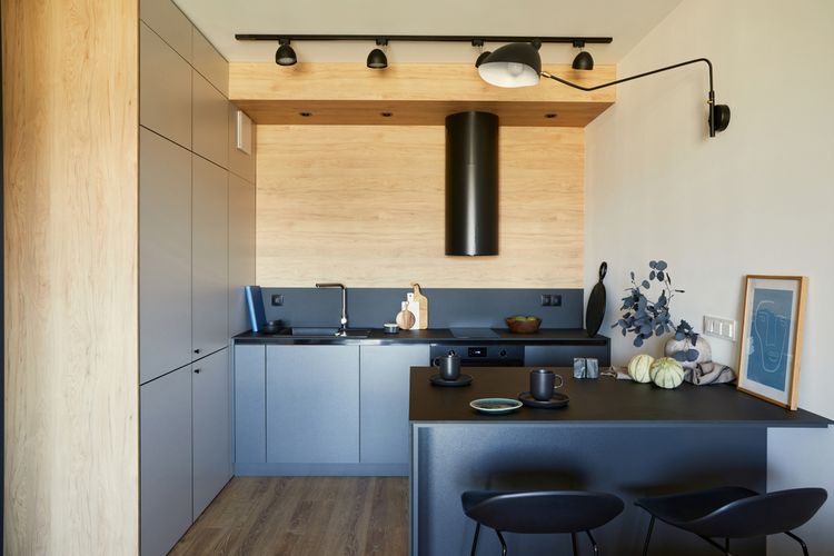 Ilustrasi desain dapur kecil, dapur sempit.