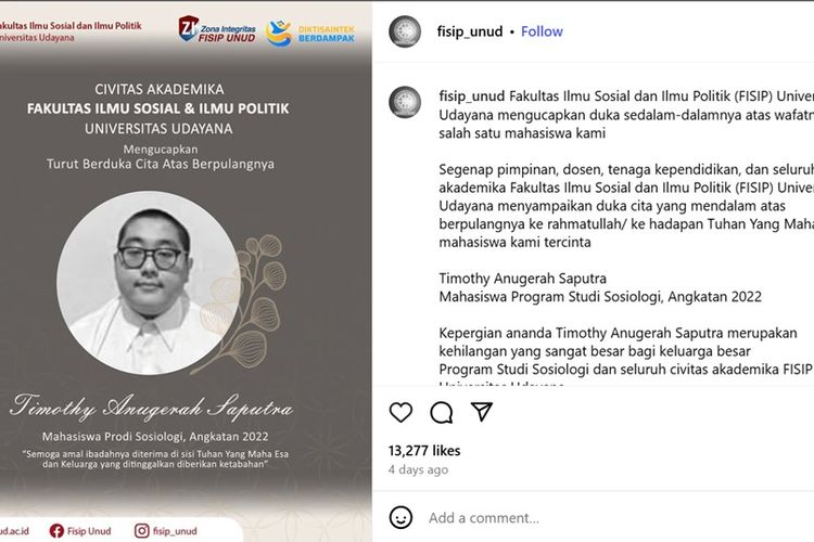 Tangkapan layar akun Instagram FISIP Universitas Udayana atas wafatnya Timothy Anugerah Saputra yang diduga menjadi korban perundungan atau bullying.
