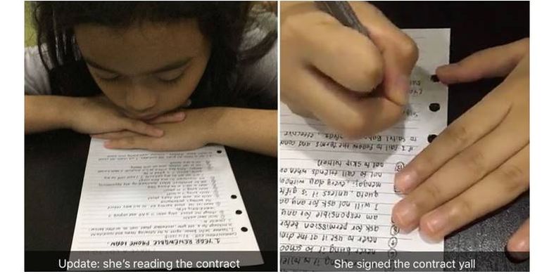 Yasmin (10) membaca dan menandatangani kontrak yang ia diskusikan bersama kedua orangtuanya sebagai syarat untuk mendapatkan Iphone terbaru.