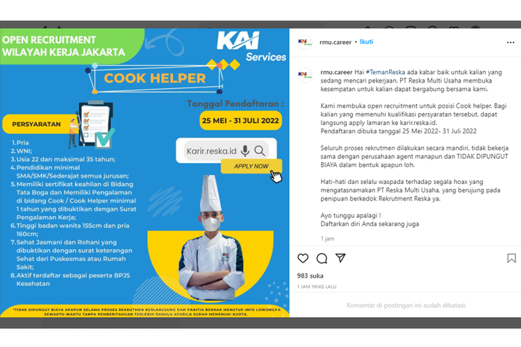 Tangkapan layar unggahan informasi soal lowongan kerja di Anak usaha PT Kereta Api Indonesia (KAI), KAI Services.