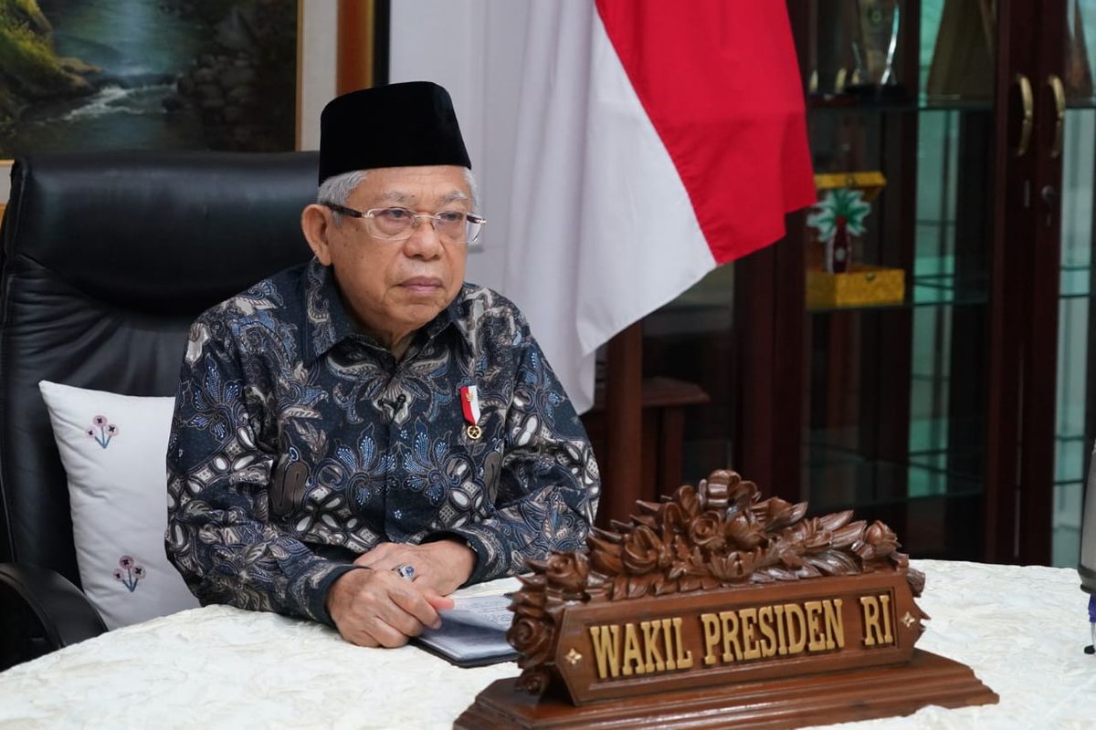 Vice President of Indonesia Maruf Amin speaks during the 1st International Conference on Islamic Civilization which is virtually organized by Sultan Agung Islamic University on Thursday, August 27, 2020. 