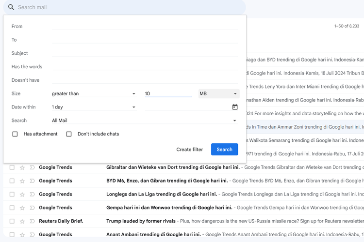 Ilustrasi cara mengatasi penyimpanan Gmail penuh dengan menghapus e-mail berukuran besar.