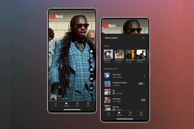 YouTube Music resmi meluncurkan tab Samples, Selasa (15/8/2023). Pengguna bisa menemukan musik baru dan menambahkan lagu ke playlist dengan ikon Add.