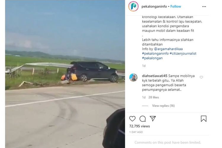 Tangkapan layar video viral sesaat setelah kecelakaan tunggal di jalan tol Pemalang-Batang.