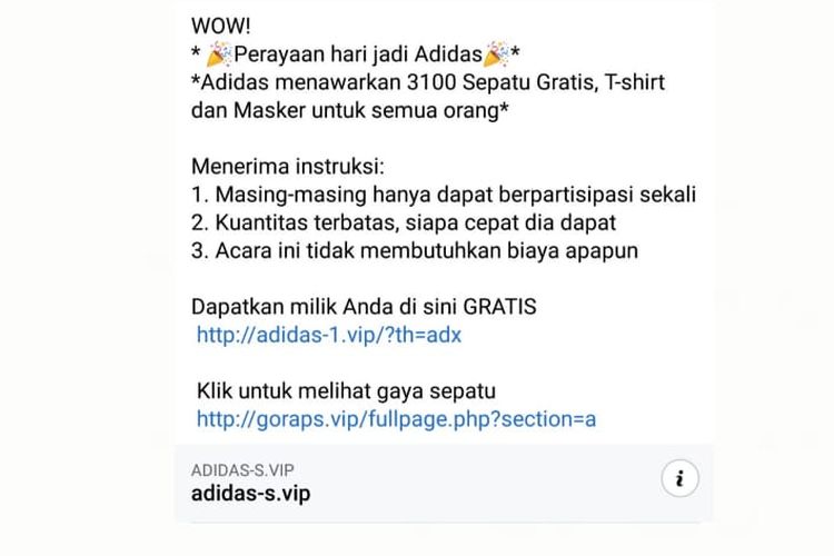 Pesan hoaks pembagian sepatu, kaus, dan masker mengatasnamakan Adidas.