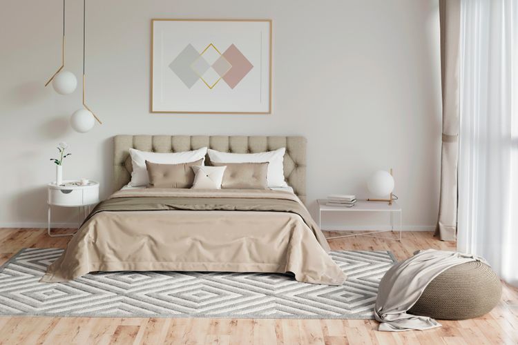 Ilustrasi kamar tidur warna beige, kamar tidur minimalis.