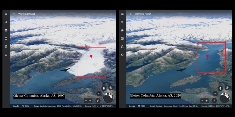 Pengguna bisa melihat kondisi gletser yang mencair lewat fitur Timelapse 3D di situs Google Earth. 