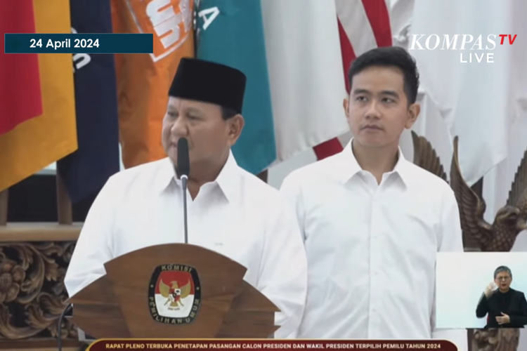 Tangkapan layar pidato Prabowo usai ditetapkan sebagai presiden terpilih oleh KPU pada Rabu (24/4/2024) siang.