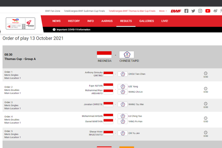 Jadwal pertandingan Thomas Cup 2020 pada Rabu, 13 Oktober 2021 di Aarhus, Denmark.