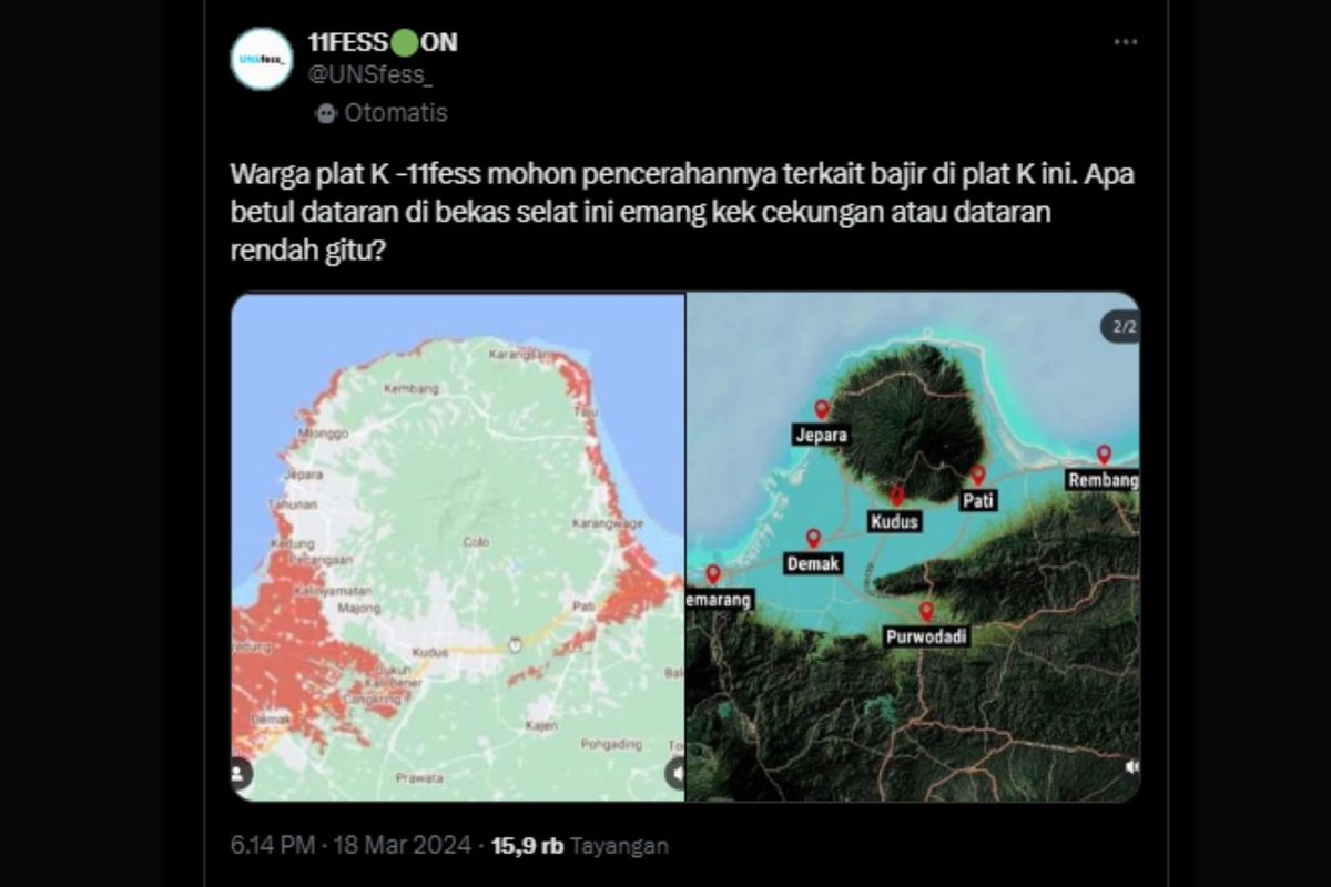 Tangkapan layar foto Gunung Muria tampak terpisah dari Pulau Jawa akibat banjir Pantura.