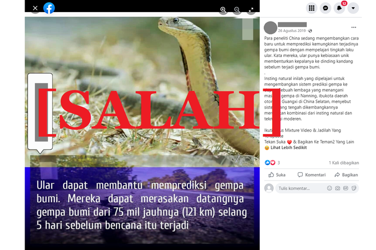 Tangkapan layar unggahan di sebuah akun Facebook, yang menyebut bahwa ular bisa mendeteksi gempa bumi lima hari sebelum bencana terjadi