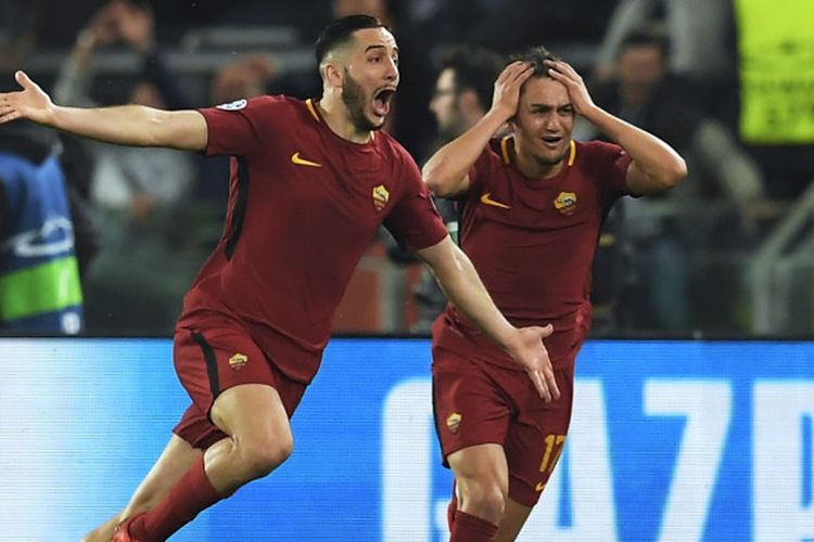 Bek AS Roma, Kostas Manolas, merayakan golnya yang menentukan kemenangan 3-0 atas Barcelona di leg kedua perempat final Liga Champions di Stadion Olimpico Roma, Rabu (11/4/2018) dini hari WIB.
