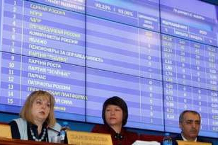 Ketua Komisi Pemilu Pusat (CEC) Rusia, Ella Pamfilova (kiri) berbicara selama konferensi pers yang mengumumkan hasil awal pemilu parlemen Rusia di Moskwa, 19 September 2016. 