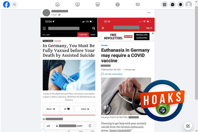 Tangkapan layar unggahan dengan narasi hoaks di sebuah akun Facebook, Minggu (3/12/2023), soal euthanasia di Jerman wajib vaksin dosis lengkap.