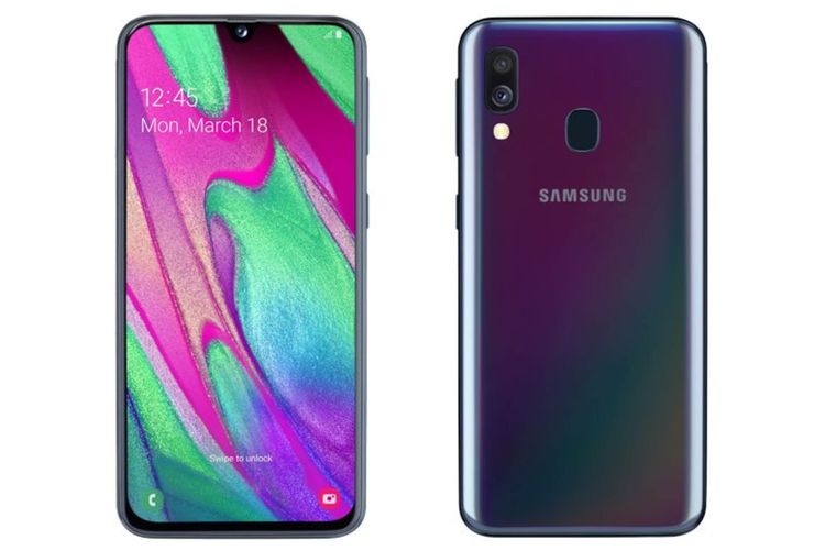 Ilustrasi Galaxy A40 tampak depan dan belakang