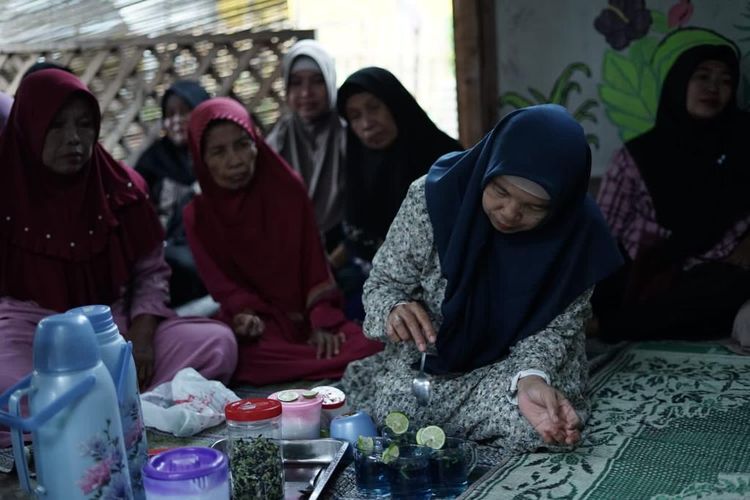 Ibu-ibu di Banten mengikuti budi daya teh bunga telang di Rumah Momong Dompet Dhuafa.