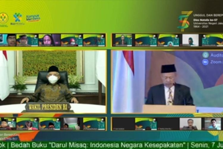 UNJ menggelar bedah buku Darul Misaq: Indonesia Negara Kesepakatan karya Wakil Presiden Republik Indonesia Ma'ruf Amin (7/6/2021). Kegiatan merupakan rangkaian dies natalis UNJ ke-57.