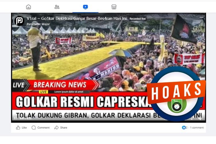 Tangkapan layar Facebook narasi yang menyebut Partai Golkar mendeklarasikan dukungan kepada Ganjar Pranowo sebagai capres.