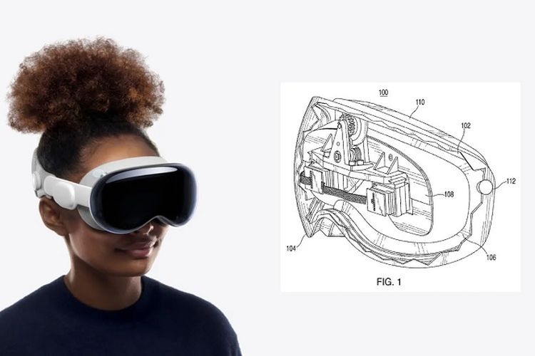 Gambar paten headset VR Apple disandingkan dengan Apple Vision Pro