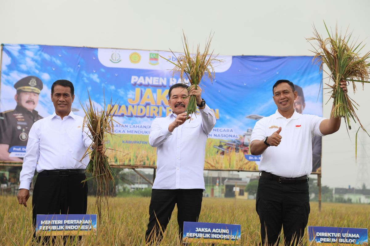 Menteri Pertanian (Mentan) Andi Amran Sulaiman bersama Jaksa Agung ST Burhanuddin dan Ketua Perum Bulog saat menghadiri Panen Raya Jaksa Mandiri Pangan di Desa Srimahi, Kecamatan Tambun Utara, Kabupaten Bekasi, Jawa Barat pada Selasa (19/8/2025).