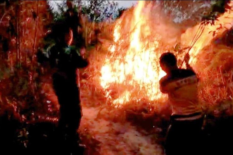 Petugas gabungan memadamkan api karhutla di Desa Suka Maju, Kecamatan Rambah, Kabupaten Rokan Hulu, Riau, Sabtu (9/7/2022).