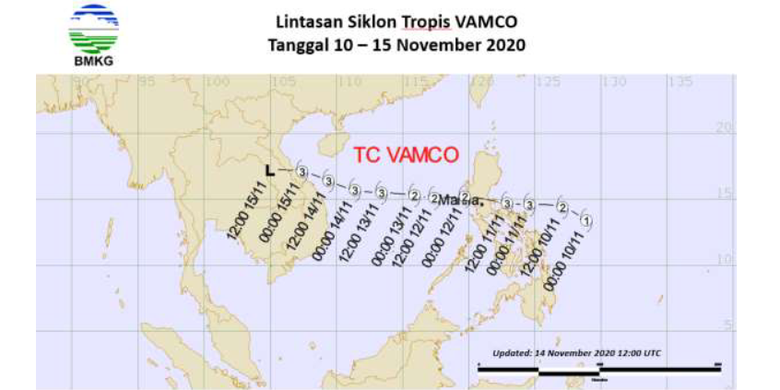 Lintasan siklon tropis Vamco sejak 10-15 November 2020.