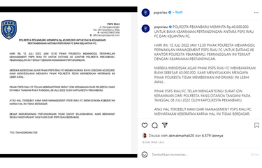 Viral, Unggahan PSPS Riau Sebut Polresta Pekanbaru Minta Rp 40 ...
