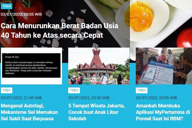 Sepanjang Minggu (3/7/2022), artikel soal cara menurunkan berat badan usia 40 tahun ke atas menjadi berita terpopuler Tren.