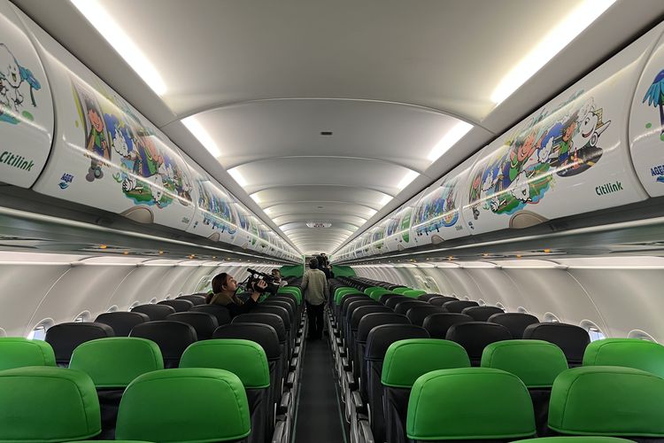 Potrait livery khusus bertema keberlanjutan, kolaborasi antara Citilink Indonesia dan Aqua, di Hangar 2 GMF Soekarno Hatta, Jumat (13/2/2026). 