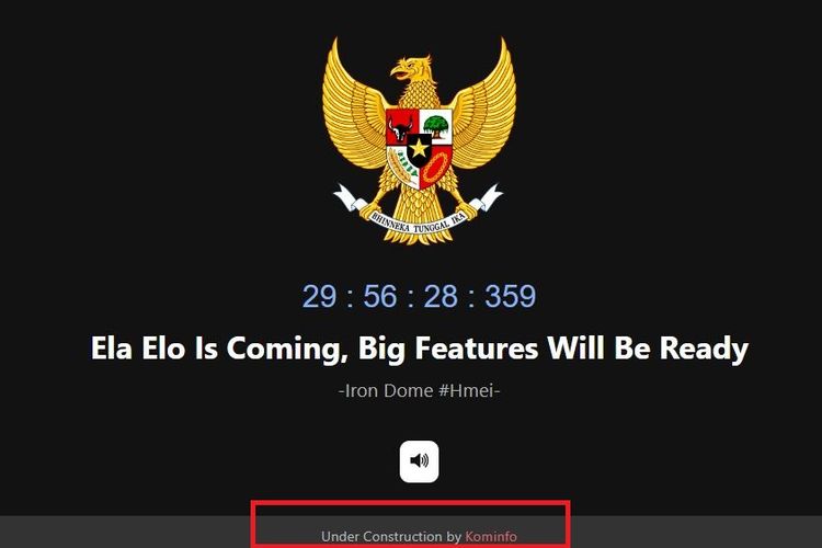 Tangkapan layar dari tampilan terbaru situs web elaelo.id yang menyematkan keterangan under construction by Kominfo di bagian paling bawah.