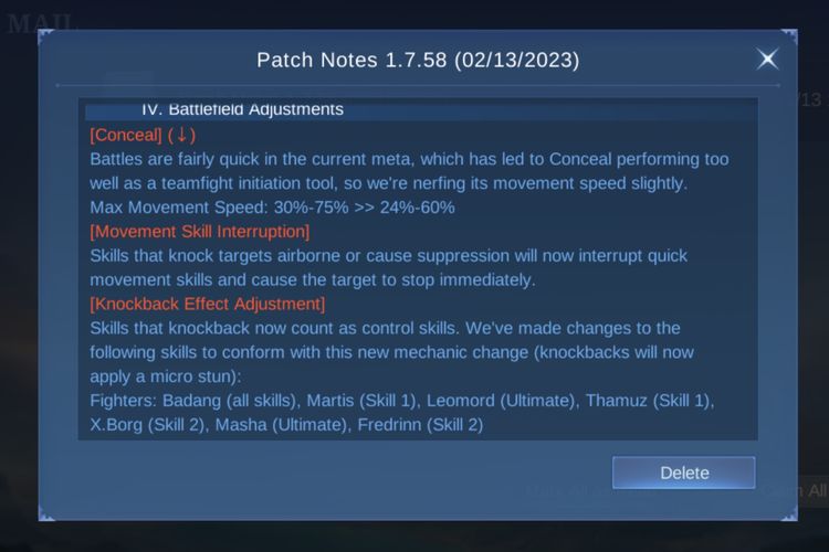 Pengumuman Patch Notes 1.7.58 yang ada di dalam game Mobile Legends.
