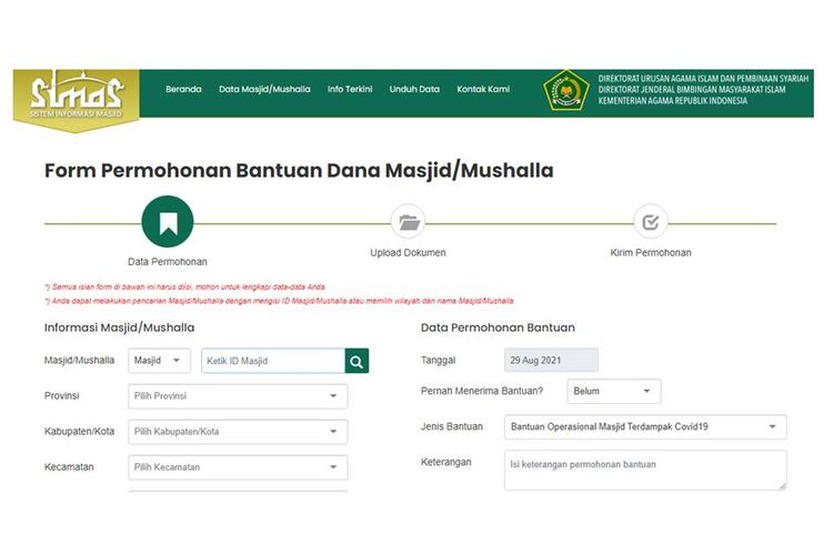 Tangkapan layar laman Kemenag untuk mendaftar bantuan untuk masjid dan mushala
