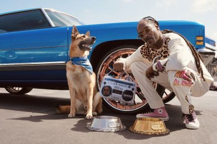 Snoop Dogg dengan aksesoris untuk anjing