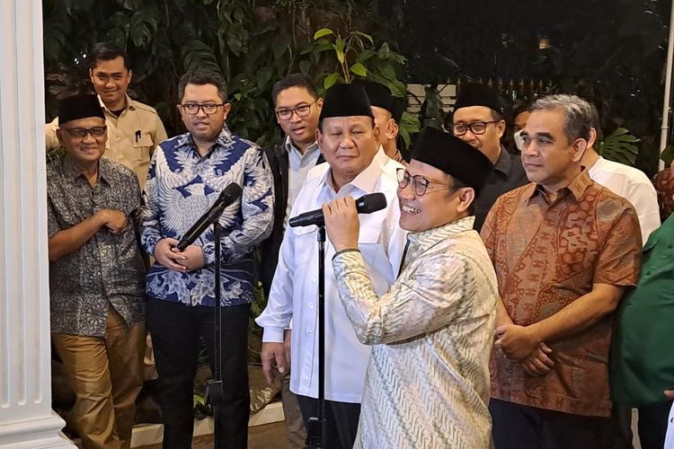 Ketua Umum PKB Muhaimin Iskandar atau Cak Imin dalam jumpa pers di kediaman Prabowo Subianto, Jalan Kertanegara, Jakarta Selatan, Jumat (28/4/2023). 