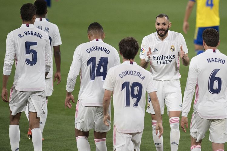 Skuad Real Madrid pada laga lanjutan pekan ke-31 Liga Spanyol kontra Cadiz di Stadion Ramon de Carranza, Kamis (22/4/2021) dini hari WIB.