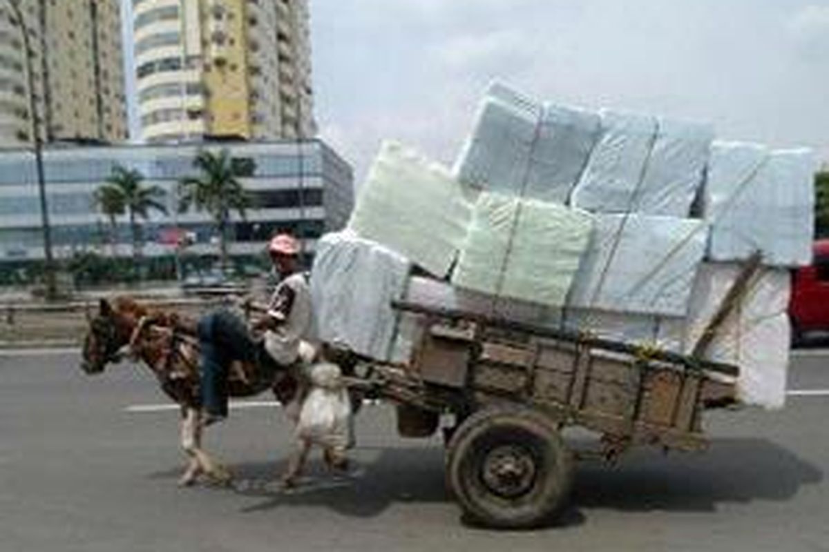 Meski berbagai angkutan modern sudah banyak tersedia di Ibu Kota, ternyata masih ada orang yang menggunakan gerobak kuda untuk mengirim barang, seperti yang terlihat di kawasan Jembatan Tiga, Jakarta Barat. Meskipun lambat, angkutan jenis ini lebih murah dan bebas polusi. Foto diambil Februari 2005.