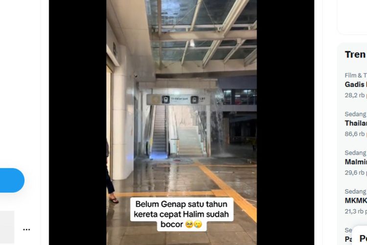 Tangkapan layar unggahan video air bocor di Stasiun Kereta Cepat Whoosh Halim, Jakarta Timur.