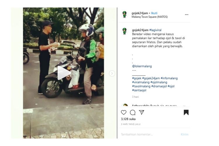Tangkapan layar dari video viral tukang parkir yang melakukan pungutan liar atau pungli terhadap pengemudi ojek online di Malang.