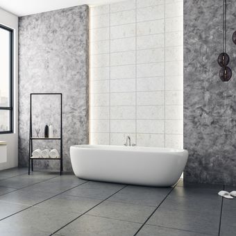 Ilustrasi kamar mandi dengan warna abu-abu. 