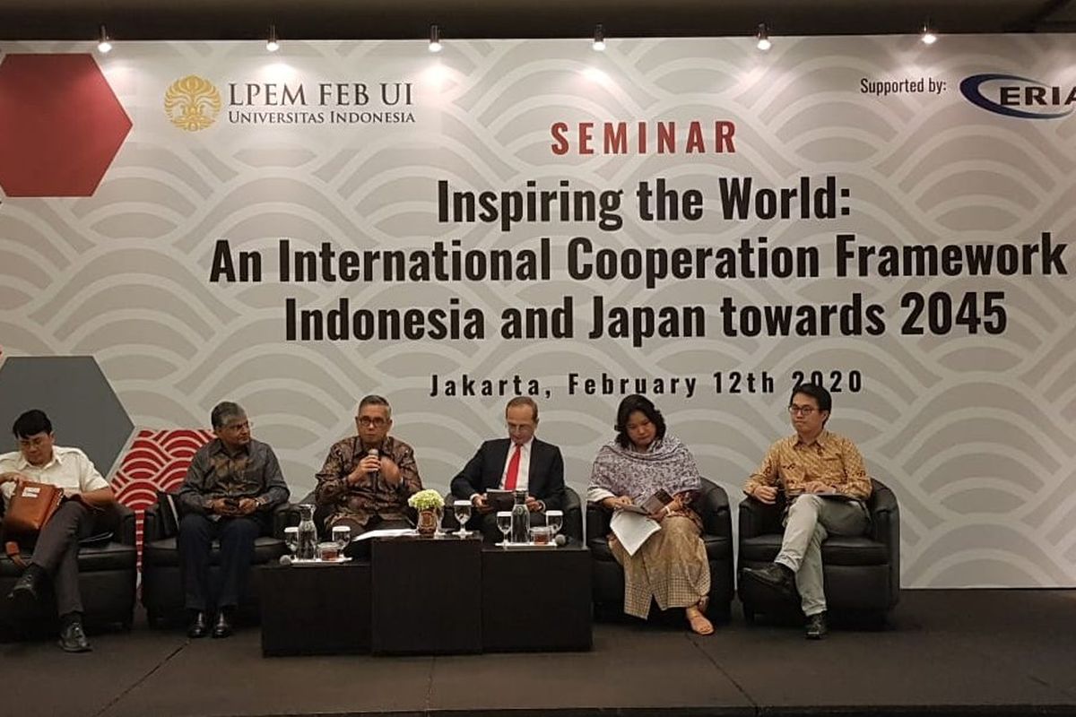 Seminar Inspiring the World: An International Cooperation Framework of Indonesia and Japan towards 2045? digelar Lembaga Penyelidikan Ekonomi Masyarakat (LPEM) Fakultas Ekonomi Bisnis Universitas Indonesia dan Economic Research Institute for ASEAN and East Asia (ERIA) di Jakarta, Rabu, (12/2/20).