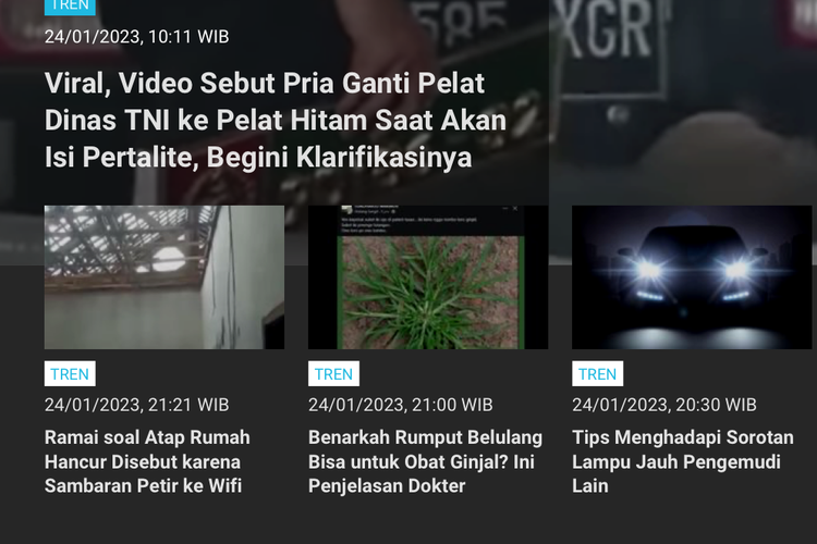 Berita terpopuler Tren hingga Rabu (25/1/2023) adalah klarifikasi terkait video viral pria melepas pelat mobil dinas TNI dan menggantinya dengan pelat hitam
