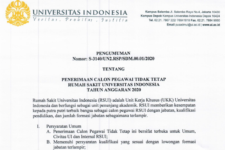 Tangkapan layar pengumuman soal penerimaan calon pegawai tidak tetap di Rumah Sakit Universitas Indonesia (RSUI) tahun 2020.