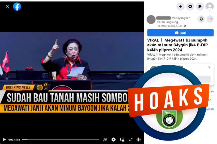 Tangkapan layar video hoaks di sebuah akun Facebook, Sabtu (18/3/2023), soal Megawati bersumpah akan minum obat nyamuk jika PDI-P kalah dalam Pilpres 2024.