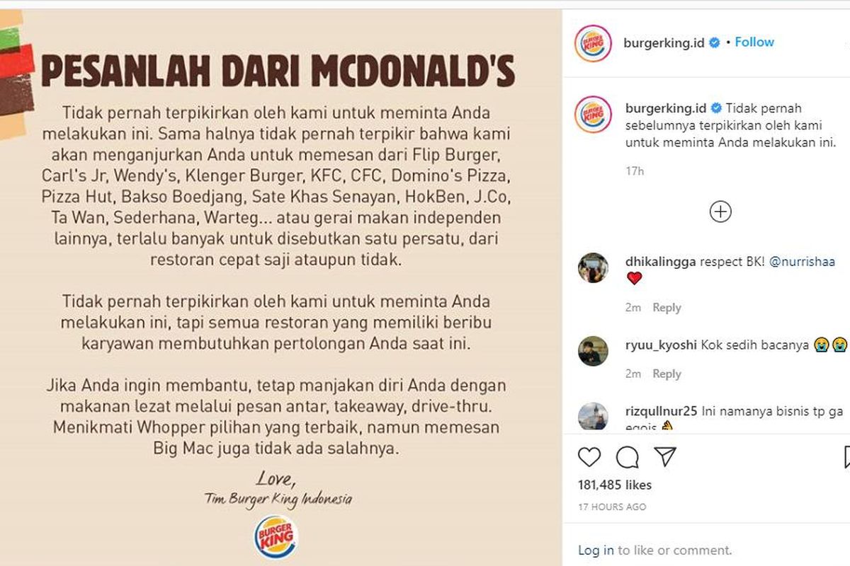 Burger King pede que seguidores comprem no McDonald's na pandemia