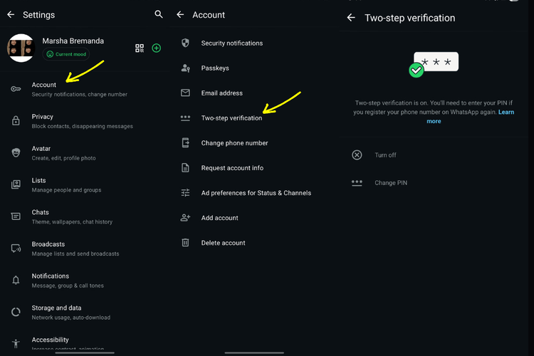 Menu Two-step verification di pengaturan akun WhatsApp yang memungkinkan pengguna menambahkan PIN enam digit sebagai lapisan keamanan tambahan.