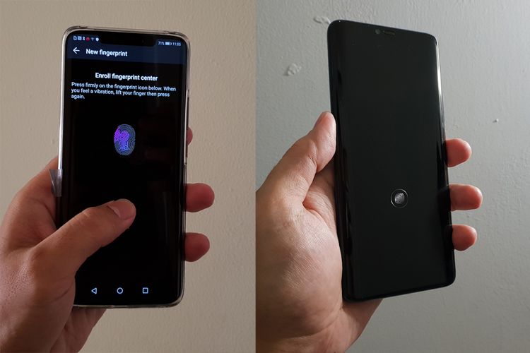 Pemindai sidik jari Huawei Mate 20 berada di tengah layar, dengan posisi agak di bawah supaya gampang dijangkau jari. Saat dalam keadaan terkunci, layar ponsel akan menampilkan ikon fingerprint sebagai penanda lokasi di mana pengguna harus meletakkan jari untuk dipindai (foto kanan).