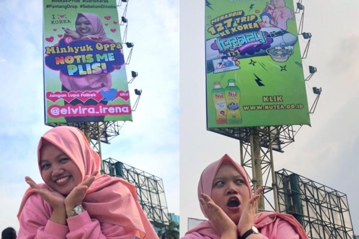 Elvira Irena, fans K-pop yang viral lantaran sosoknya terpampang dalam billboard berukuran besar di sekitar Simpang Bekasi Cyber Park awal Oktober 2019. Konten ini ternyata merupakan bagian kampanye salah satu minuman.