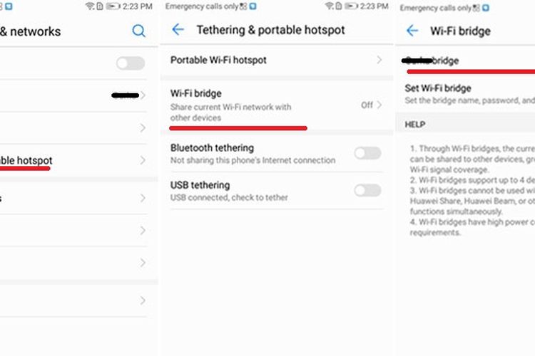 Tampilan pengaturan fitur WiFi Bridge pada Huawei Nova 2 Lite.