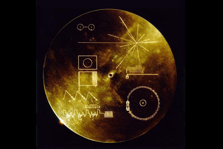 Foto album pada piringan emas Voyager. Motif bintang pada piringan ini menunjukkan peta pulsar menuju bumi.