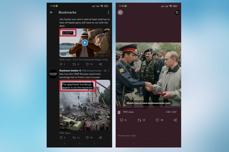 Tampilan fitur baru closed caption di aplikasi Twitter di ponsel Android. Closed caption hanya bisa dilihat saat video diputar langsung di timeline (kiri). Saat ditonton dalam mode layar penuh, closed caption hilang (kanan).